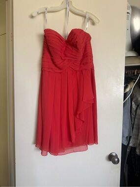 David’s Bridal bridesmaid Strapless Sweetheart Chiffon Dress in Coral